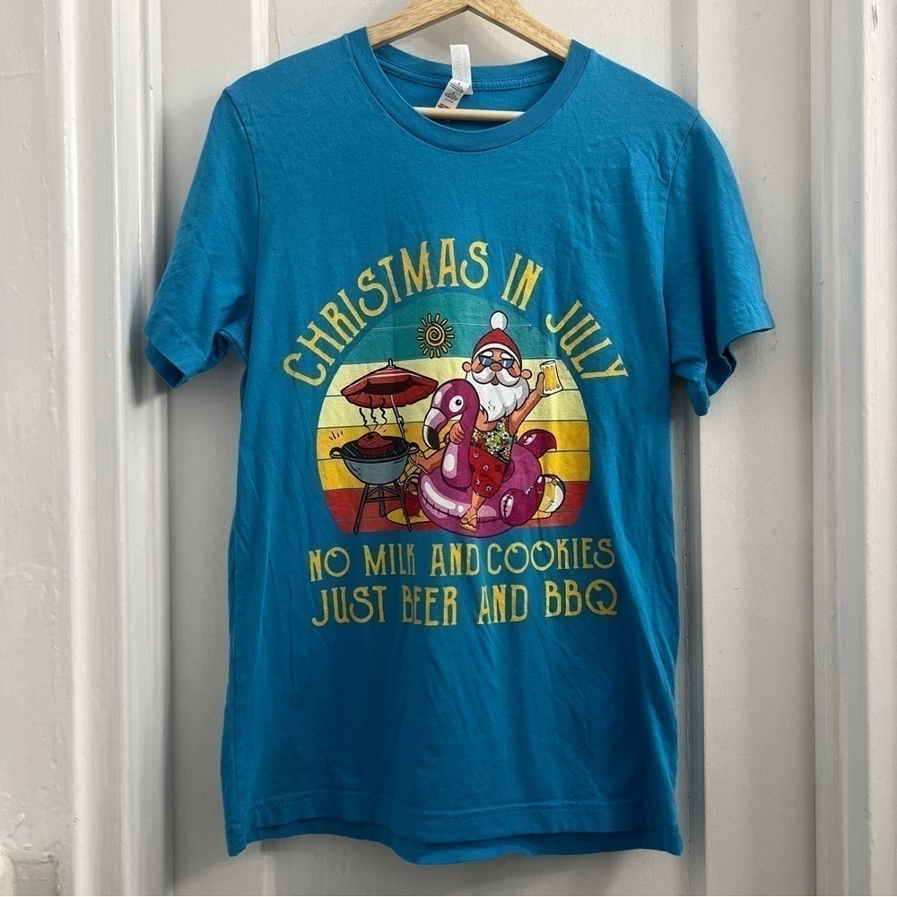 Christmas in July Blue Santa at the Beach Short Sleeve Shirt, M